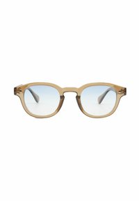 Occhiali da sole marrone chiaro con forma quadrata, montatura trasparente e lenti blu sfumate. Le aste presentano dettagli sottili.