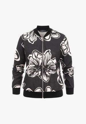 Giubbotto bomber nero con stampa floreale bianca audace, zip frontale, collo, polsini e orlo a costine.