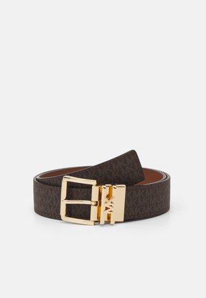 Brown patterned belt made of leather, featuring a gold rectangular buckle with logo detail and contrasting interior lining.