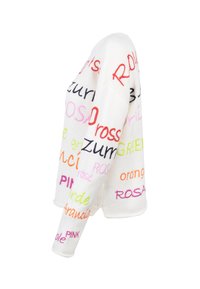 Knit sweater with a white background featuring colorful text in various languages. Text includes "pink," "red," and "orange" in bold lettering.