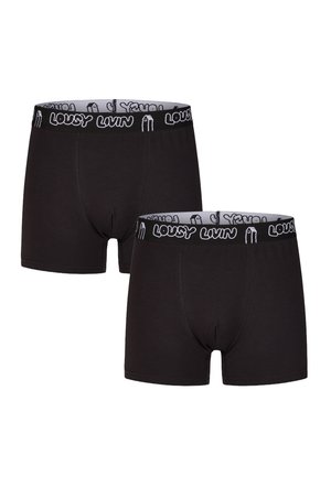 Schwarze Baumwoll-Boxershorts mit einem weißen, elastischen Bund, auf dem "LOUSY LIVIN" steht. Glatte Textur, enganliegendes Design mit kurzer Beinlänge.