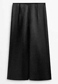 Black wide-leg trousers made of textured fabric with a smooth finish. Features a high waist and front pleats for structure.