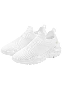 White slip-on sneakers featuring textured knit upper, ribbed collar, and rubber outsole with a curved design and prominent tread pattern.