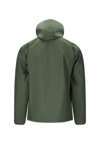 Oliivinvihreä vedenpitävä takki hupulla, pitkät hihat ja joustavat hihansuut, esitetty takaa valkoisella taustalla.