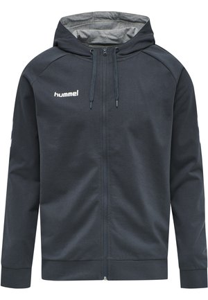 Dunkelgrauer Zip-Hoodie mit Kordeln und hellgrauem Kapuzenfutter, mit weißem hummel-Logo auf der linken Brust.