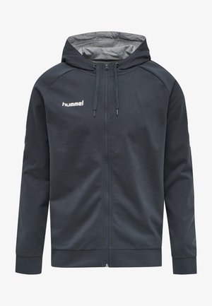 Sweat à capuche zippé gris foncé avec cordons et doublure de capuche gris clair, avec logo hummel blanc sur la poitrine gauche.