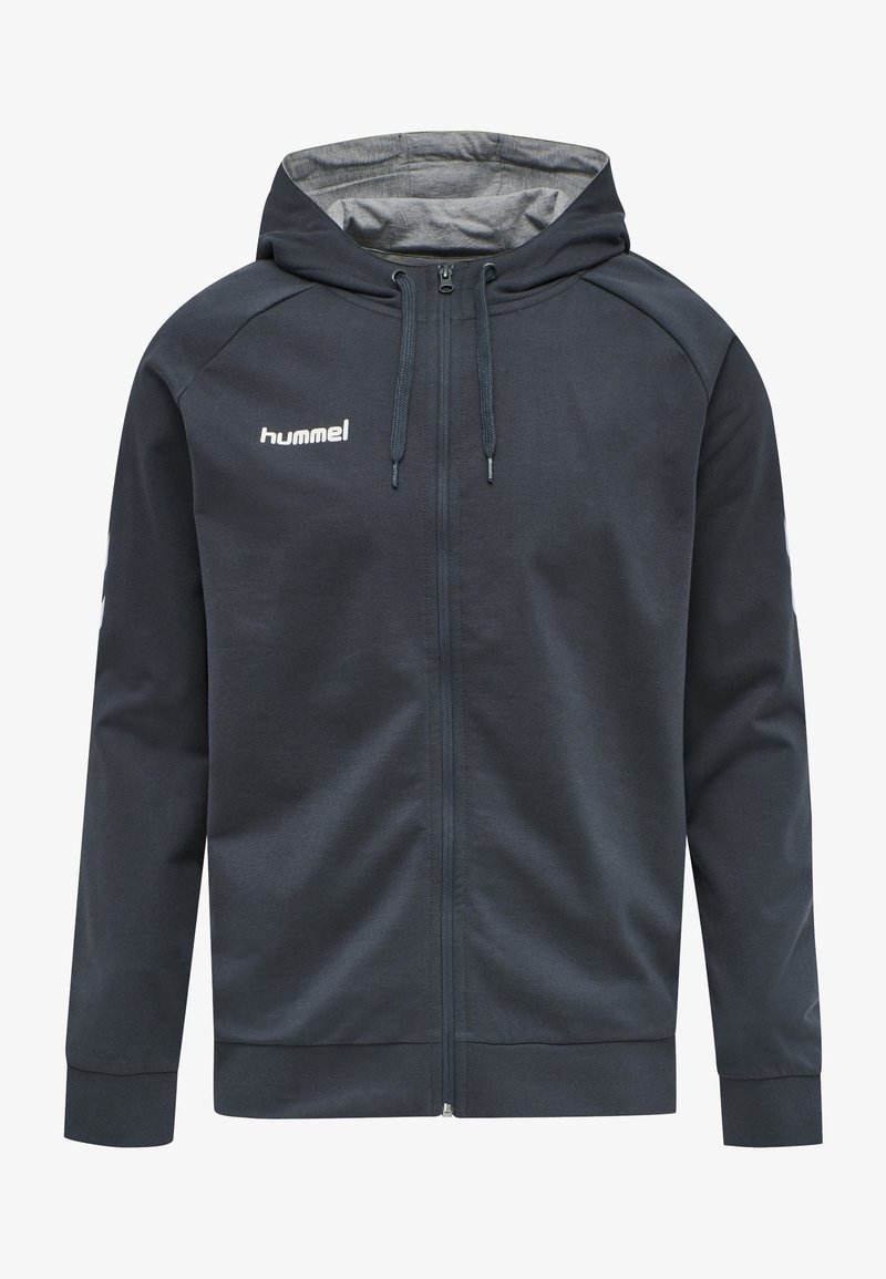 Sweat à capuche zippé gris foncé avec cordons et doublure de capuche gris clair, avec logo hummel blanc sur la poitrine gauche.
