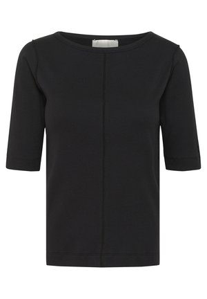 Black short-sleeve top made of ribbed fabric, featuring a round neckline, visible stitching down the center, and a straight hem.