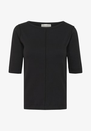 Haut noir à manches courtes en tissu côtelé, avec un col rond, des coutures visibles au centre et un ourlet droit.