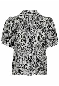 Chemise à manches courtes avec un motif abstrait noir et blanc, en tissu doux et avec un design de col classique.