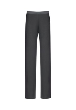 Donkergrijze, lichte, rechte broek met een elastische tailleband, gemaakt van een zachte, soepele stof. Geschikt voor casual of sportieve kleding.