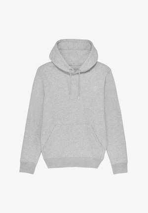Sweat à capuche gris clair avec poche avant et cordons réglables, présenté sur un fond blanc.