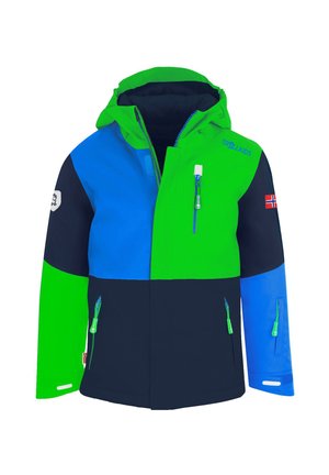 Kinder-Winterjacke mit grünen, blauen und dunkelmarinefarbenen Farbfeldern, Kapuze, Reißverschlüssen vorne und an den Ärmeln sowie einer norwegischen Flaggenapplikation am rechten Arm.