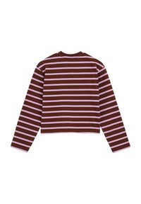 Brun och ljuslila randig långärmad skjorta med rund halsringning och kortad design, med jämna horisontella ränder över tyget.