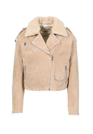 Beige semišová biker bunda s umělým kožešinovým límcem, obsahující stříbrné zipy, druky a zkrácený střih se bočními kapsami.