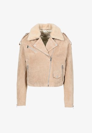 Beige samettibiker-jakk med fuskepelskrage, med sølvglidelås, trykknapper og en cropped design med sidelommer.