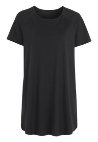 Sort kortærmet T-shirt med rund halsudskæring, lavet af glat stof, med en afslappet pasform og buet kant. Ingen mønstre eller detaljer.