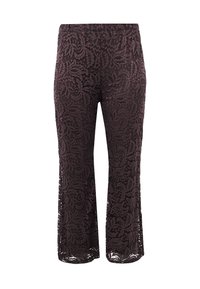Donkerpaarse kanten broek met bloemenpatroon, wijde pijpen en een semi-doorschijnend ontwerp.