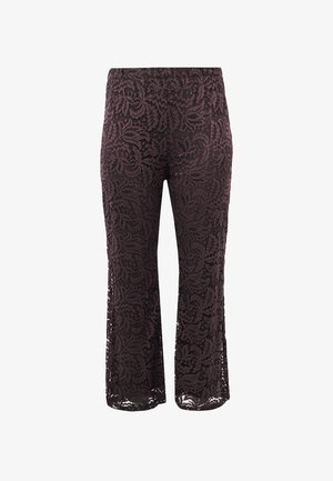 Dunkellila Spitzenhose mit Blumenmuster, weitem Bein und halbtransparentem Design.