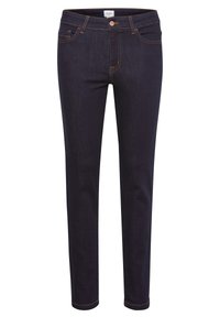 Tumši zili džinsi ar šauru piegriezumu, ar oranžām diega šuvēm, pieciem kabatām un priekšējo pogu aizdari. Gluda tekstūra un taisni bikses.