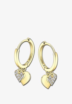 Boucles d'oreilles en or avec deux charms en forme de cœur suspendus, l'un uni et l'autre orné de cristaux transparents, mettant en avant une finition polie.