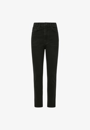 Mustat farkut korkealla vyötäröllä, kapea malli ja viisi taskua. Varustettu napilla sulkeutuvalla vyöllä ja suoran leikkauksen lahkeilla. Sileä pinta.