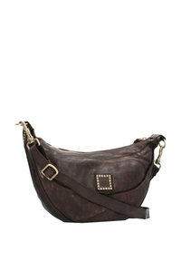 Braune Leder-Hobo-Tasche mit einer geschwungenen Form, kontrastierenden Texturen, einem Reißverschluss und einer genoppten quadratischen Akzentuierung auf der Vorderseite. Verstellbarer Trageriemen.