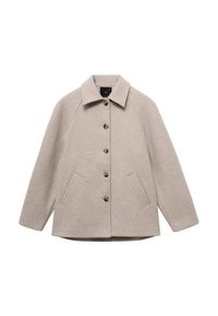 Rivestimento in lana beige con colletto, cinque bottoni e due tasche laterali. Presenta un taglio dritto e maniche raglan per un fit rilassato.