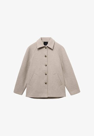 Beige wollen jas met een kraag, vijf knopen en twee zijzakken. Heeft een rechte snit en raglanmouwen voor een relaxed fit.