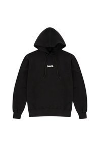 Felpa nera in cotone con maniche lunghe, coulisse nel cappuccio e un piccolo logo bianco sul petto. Presenta polsini e orlo a costine.