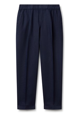 Marineblaue Freizeithose mit elastischem Bund, Seitentaschen und aufgekrempelten Säumen, aus leichtem Stoff.