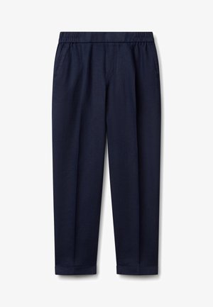 Pantalon décontracté bleu marine avec taille élastique, poches latérales et ourlets retroussés, fabriqué en tissu léger.