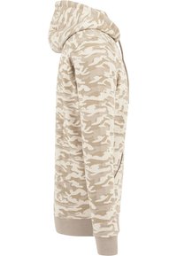 Beige kamuflasje hettegenser med frontlomme, myk stoff, stor hette, samt ribbestrikkede mansjetter og kant for en tettsittende look.