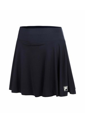 Falda deportiva negra con cintura ancha y pequeño logo blanco cerca del dobladillo en el lado derecho sobre fondo blanco.