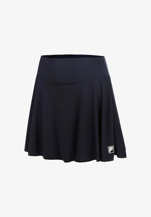 Zwarte atletische rok met brede tailleband en een klein wit logo vlak bij de zoom aan de rechterkant tegen een witte achtergrond.