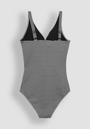 Fekete és fehér csíkos, egyrészes fürdőruha állítható pántokkal, a tetején szilárd fekete panellel és magas szabású lábformával.