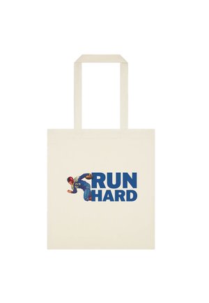Beige Tragetasche mit Grafik eines laufenden Footballspielers und dem Text "RUN HARD" in fetten blauen Buchstaben.