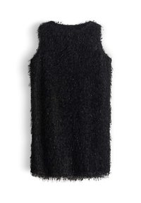 Abito nero senza maniche realizzato in tessuto peloso. Forma rettangolare con una superficie testurizzata e shaggy e un orlo dritto. Nessun sistema di chiusura visibile.
