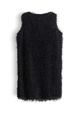 Zwarte mouwloze jurk gemaakt van cozy stof. Rectangulaire vorm met een textuur die schattig aanvoelt en een rechte zoom. Geen zichtbare sluitingen.