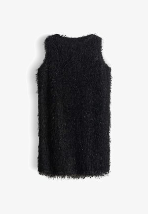 Abito nero senza maniche realizzato in tessuto peloso. Forma rettangolare con una superficie testurizzata e shaggy e un orlo dritto. Nessun sistema di chiusura visibile.