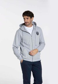 Haut à capuche zippé gris avec une capuche, des poches avant et un patch logo sur la poitrine gauche. Le tissu semble doux avec une texture lisse.