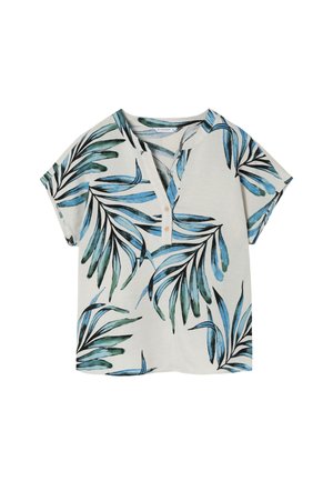 Kurzärmelige Bluse in hellem Beige mit blauem und grünem tropischem Blätterdruck; mit einem V-Ausschnitt und drei dekorativen Knöpfen an der Brust.