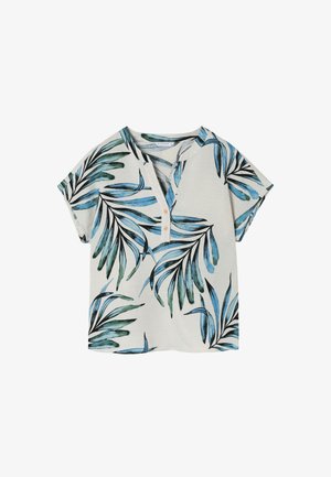 Blusa a maniche corte di colore beige chiaro con stampa di foglie tropicali blu e verdi; presenta una scollatura a V e tre bottoni decorativi sul petto.