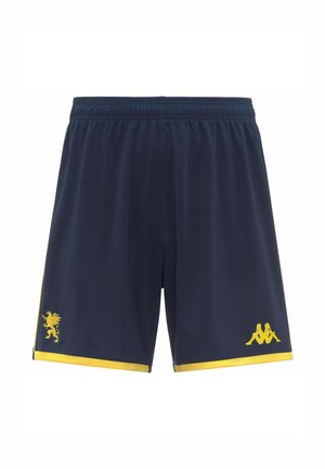 Pantaloncini sportivi blu navy con rifiniture gialle, caratterizzati da un emblema del grifone giallo sulla gamba sinistra e un logo Kappa giallo sulla gamba destra.