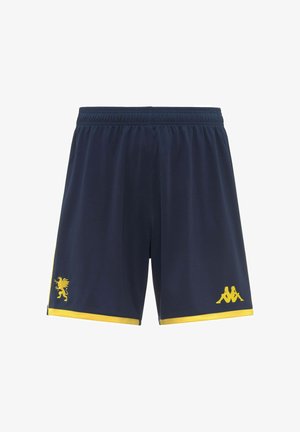 Shorts de sport bleu marine avec bordure jaune, avec un emblème de griffon jaune sur la jambe gauche et un logo Kappa jaune sur la jambe droite.