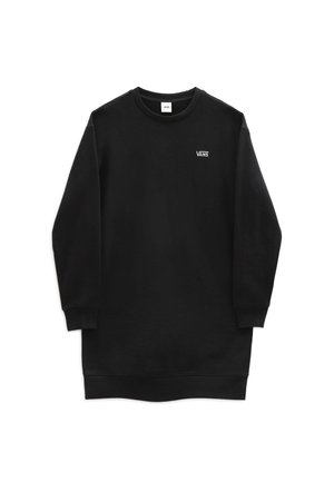 Sort langærmet sweatshirt-kjole med rund hals og Vans-logo på venstre bryst, med ribstrikkede ærmekanter og kant forneden.