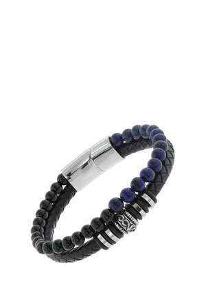 Bracelet with two braided black leather bands and two rows of round beads in black and dark blue, featuring silver decorative spacers and clasp.