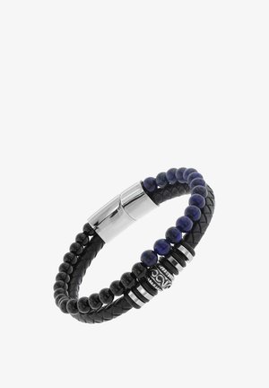 Armband mit zwei geflochtenen schwarzen Lederbändern und zwei Reihen runder Perlen in Schwarz und Dunkelblau, mit silbernen dekorativen Abstandhaltern und Verschluss.