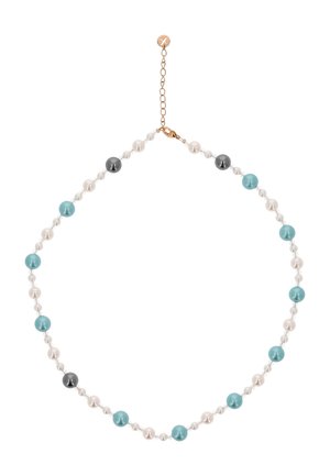 Nyaklánc váltakozó nagy fehér, türkiz és néhány fekete gyönggyel, kis áttetsző távtartó gyöngyökkel, valamint arany lánc záróval és hosszabbítóval.