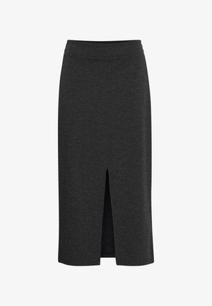 Jupe crayon gris foncé en tissu texturé, dotée d'une fente avant et d'une taille ajustée. Design minimaliste sans embellissements visibles.